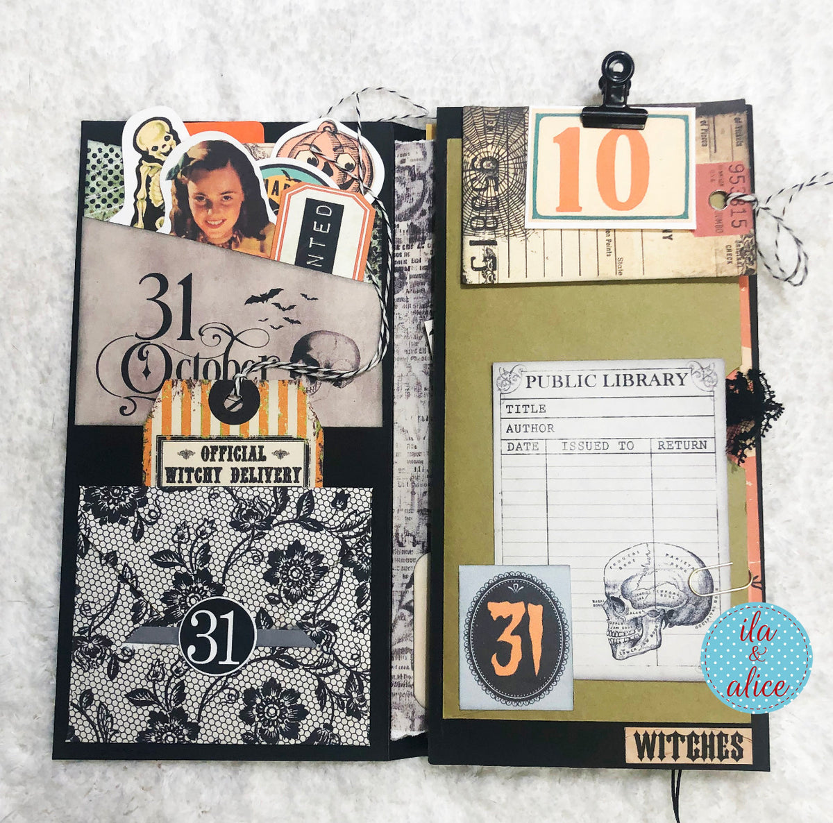 Halloween-themed folio page with decorative elements on a textured surface