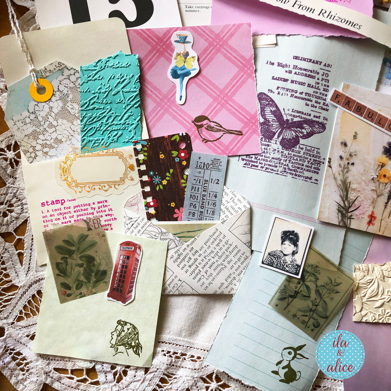 Curated junk journal ephemera pack with layered papers, botanical elements, and tuck-able pieces. Vintage pieces of ephemera and vintage book pages included.