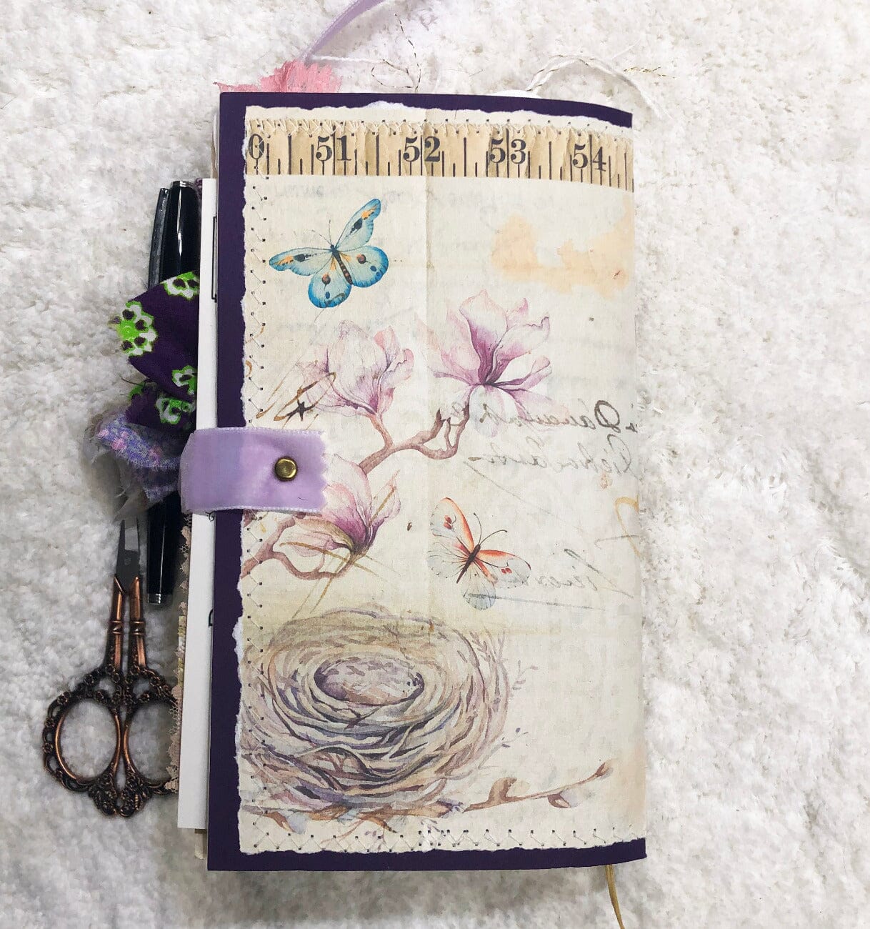 Whimsical Shabby Junk Journal- Purple and Lavender Floral Mixed Media w Lace Journal ila & alice