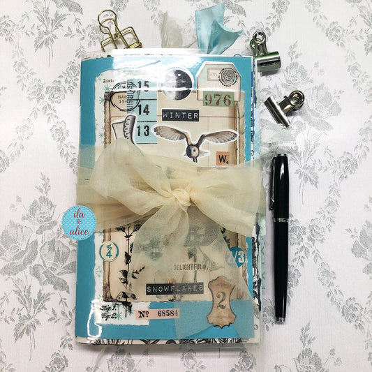 Pretty Blue Winter Junk Journal with Owl & Hare Collage Cover Journal ila & alice