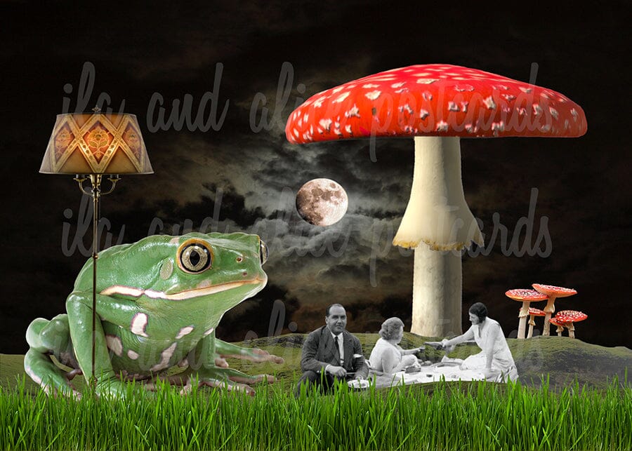Red & White Sci-Fi Mushroom Collage Art Postcards Post Cards ila & alice