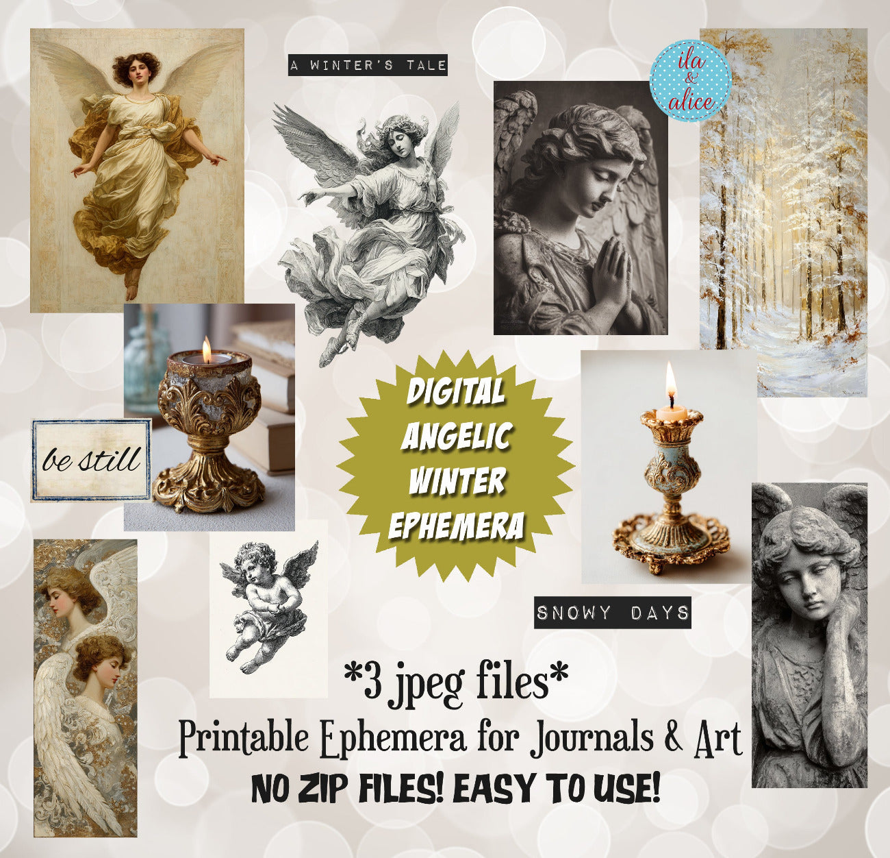 Collage of angelic-themed digital ephemera with text overlay on a light background.