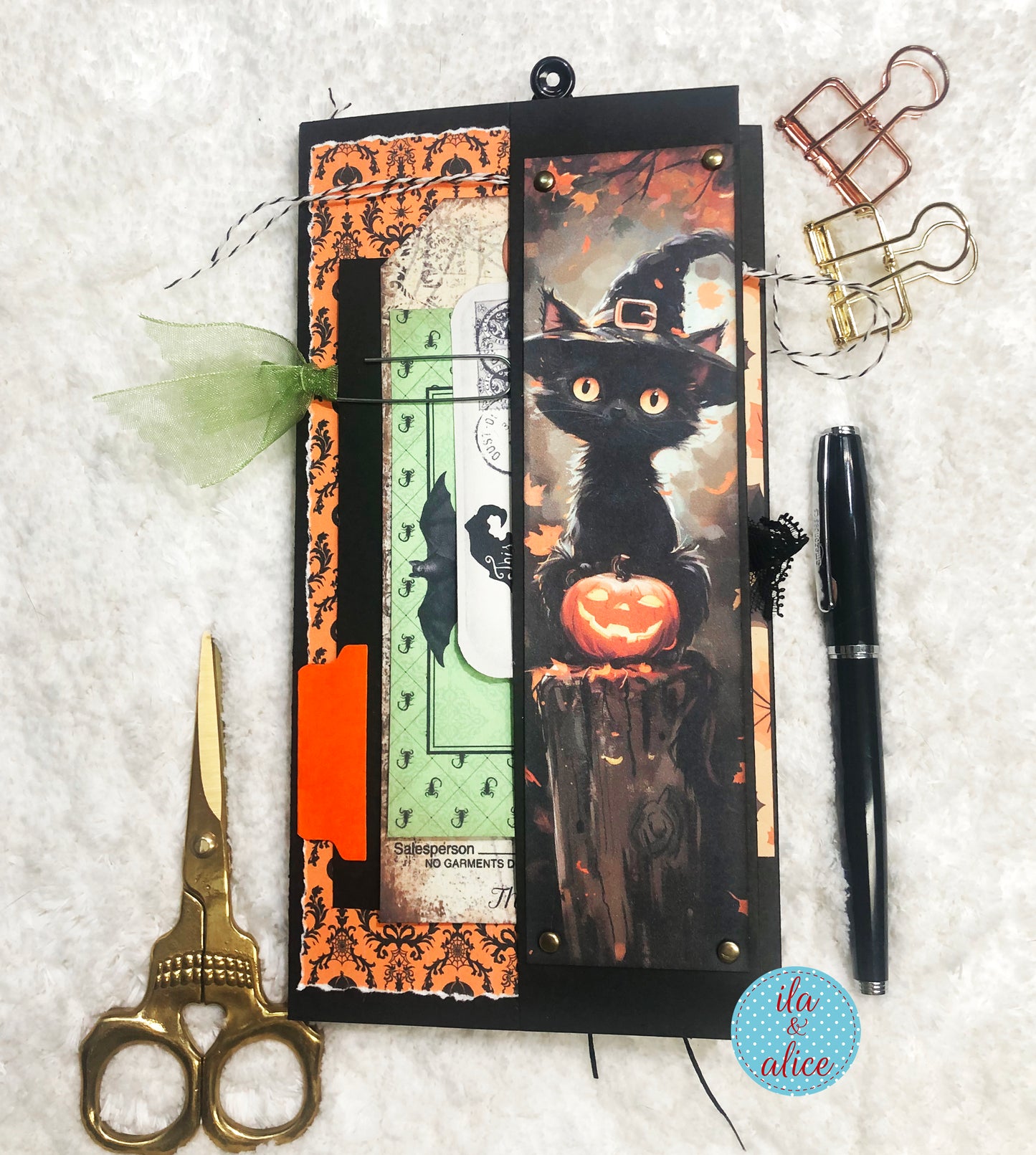 Cute Halloween Folio – Black Cat & Jack O’Lantern | Handmade Ephemera Folder