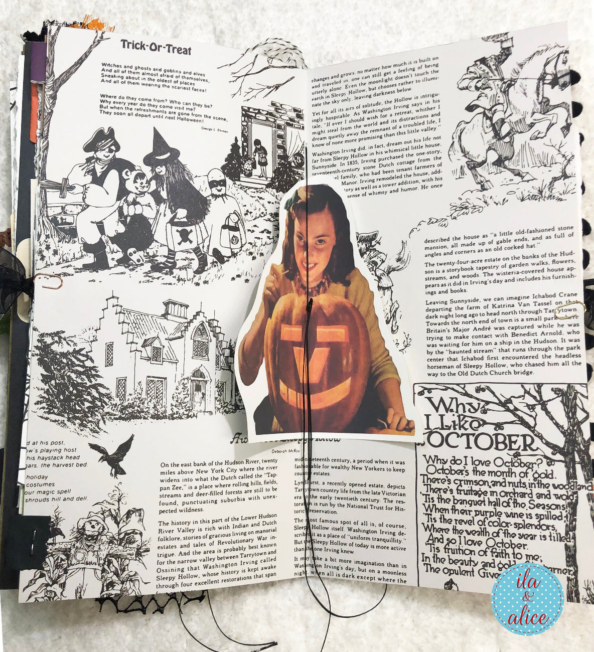 Handmade made Halloween junk journal  w Halloween-themed collage with illustrations and text on a textured surface.