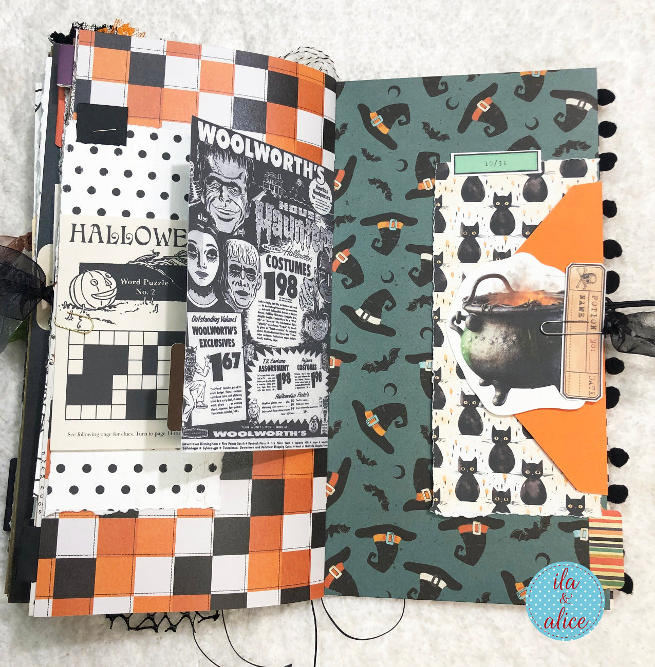 Handmade made Halloween junk journal  w Halloween-themed pages with various patterns and textures.