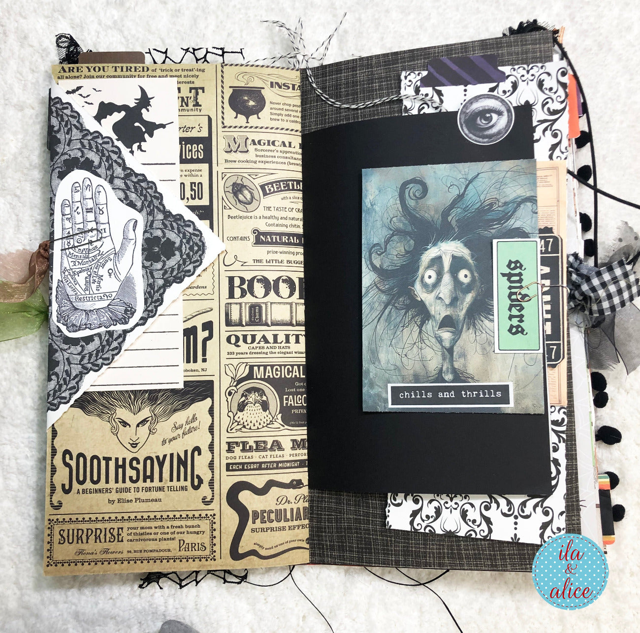 Handmade made Halloween junk journal  with Halloween-themed design elements on a textured surface.