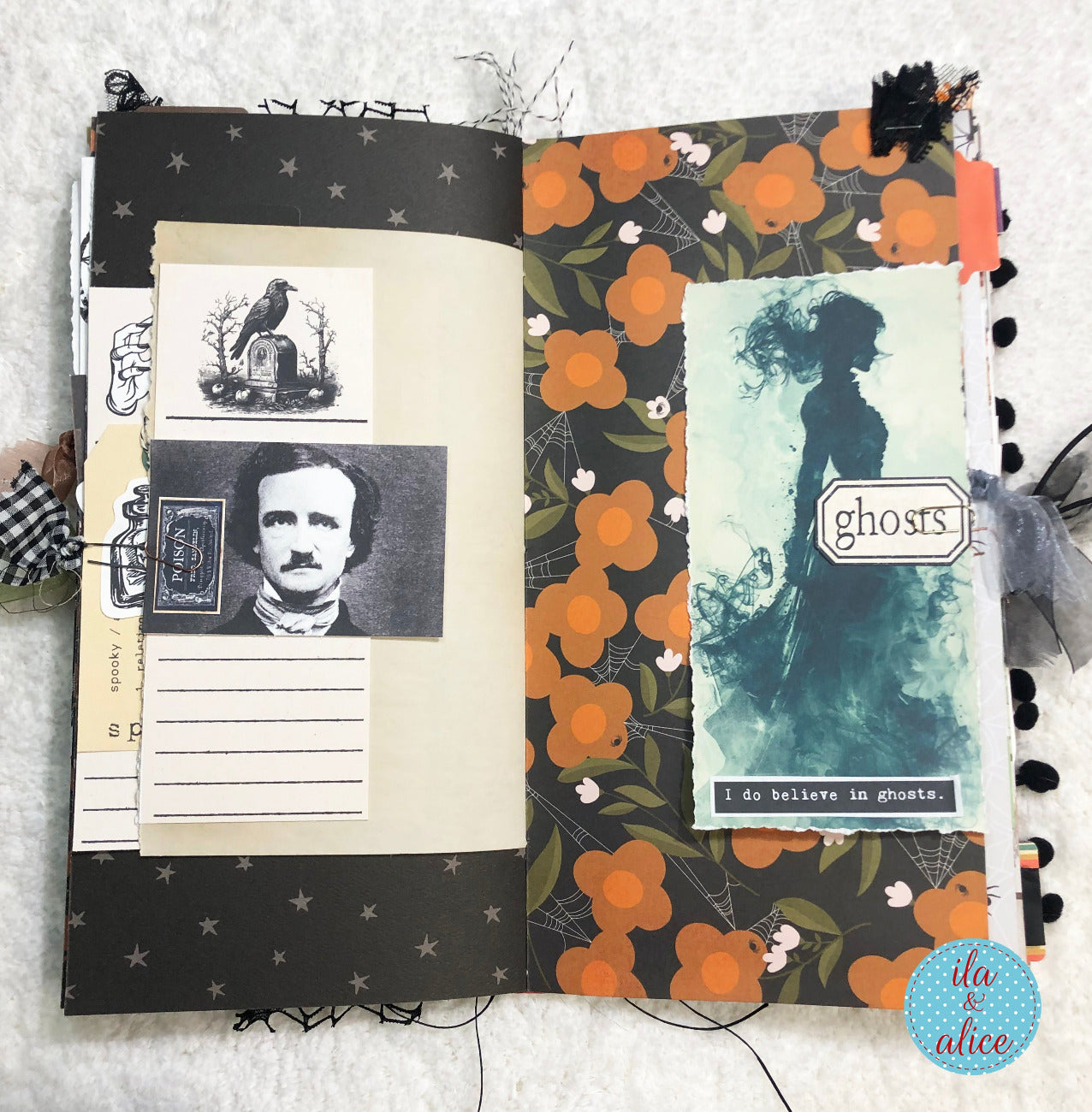Handmade made Halloween junk journal  with collage of images and text on a textured surface