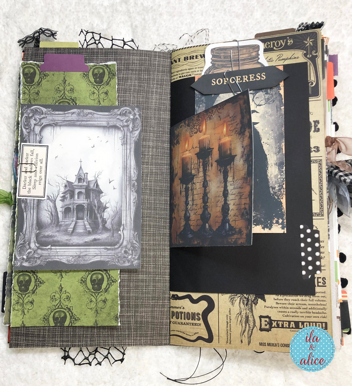 Handmade made Halloween junk journal  with Halloween-themed pages featuring a haunted house illustration and potion labels.