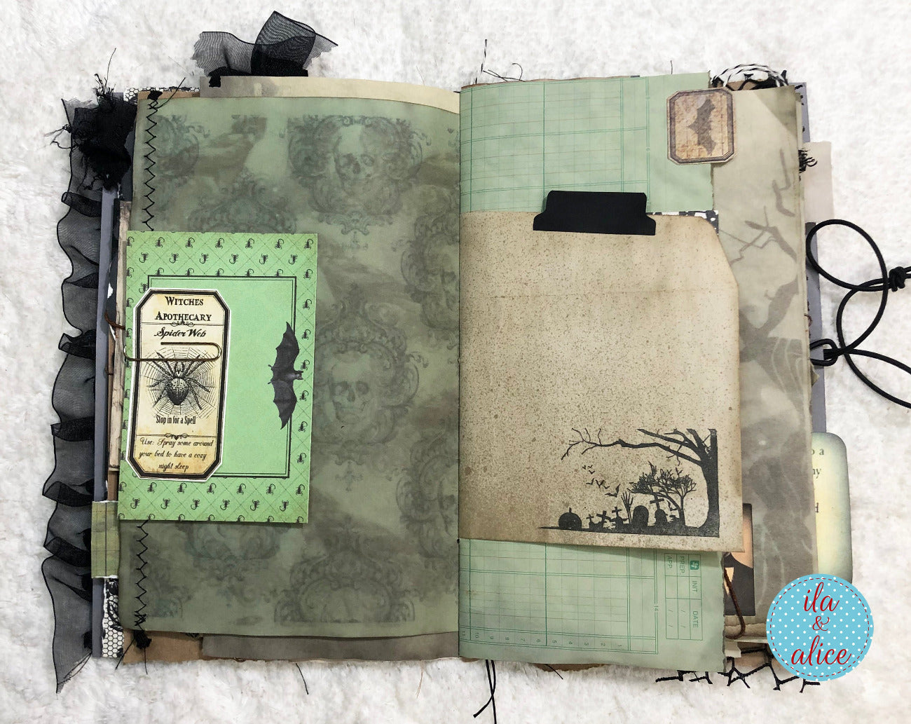 An open handmade scrapbook journal featuring a gothic Halloween theme, with aged paper, black lace trim, a 'Witch's Apothecary' tab, and spooky collage elements on a white textured background.