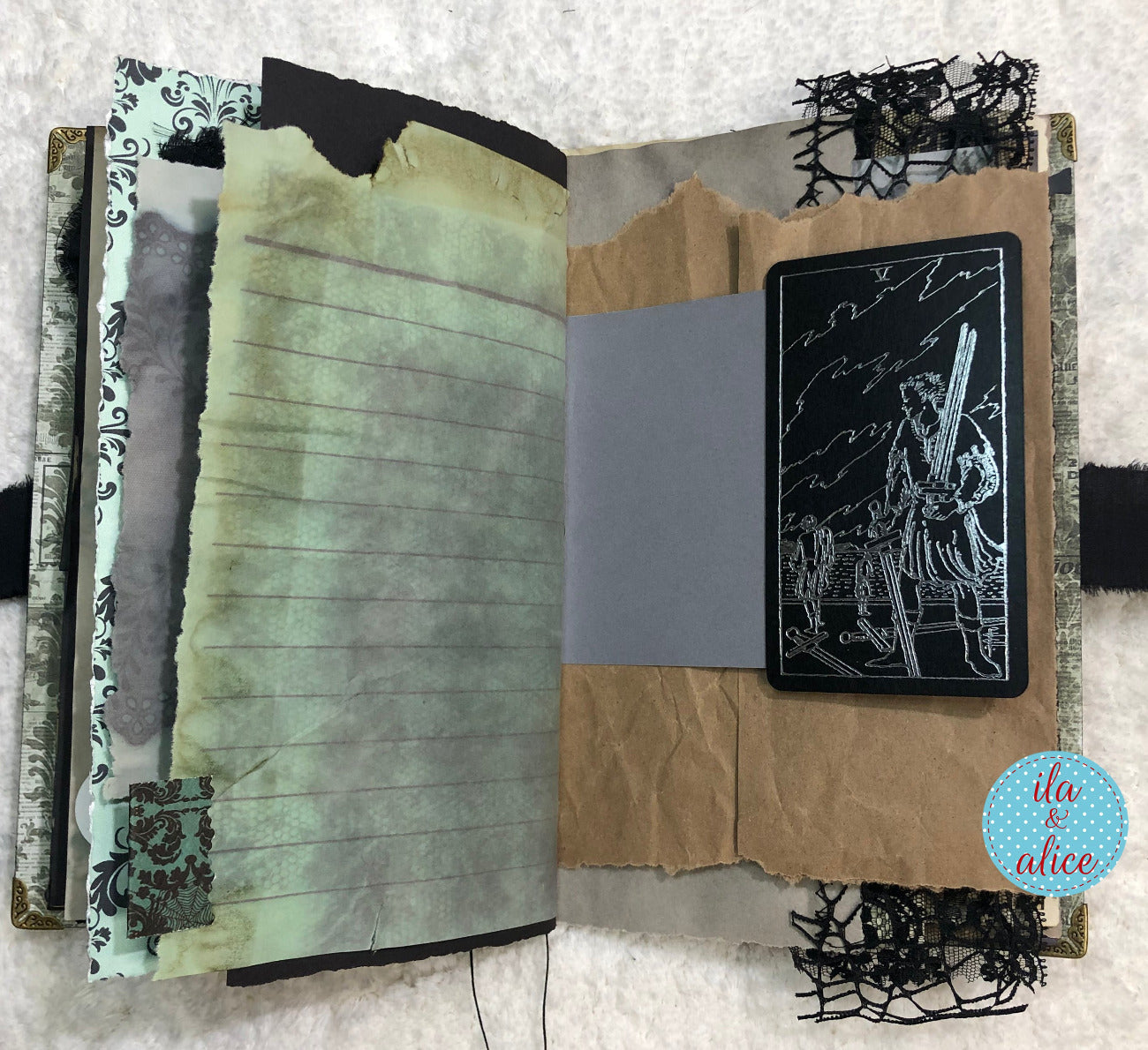 Handmade Eerie Halloween Gothic junk journal  with a back and silver tarot card
