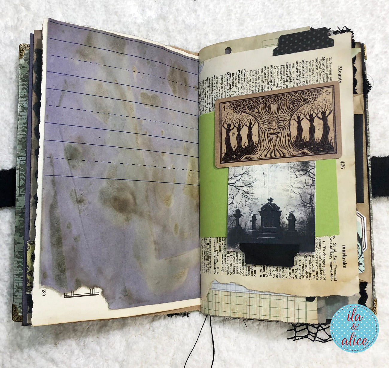 Handmade Eerie Halloween Gothic junk journal  with artistic pages featuring text and illustrations on a textured surface.