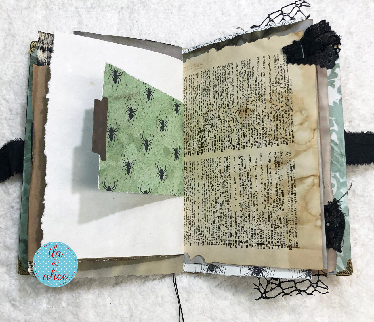 Handmade Eerie Halloween Gothic junk journal  with spider-themed pages on a white background