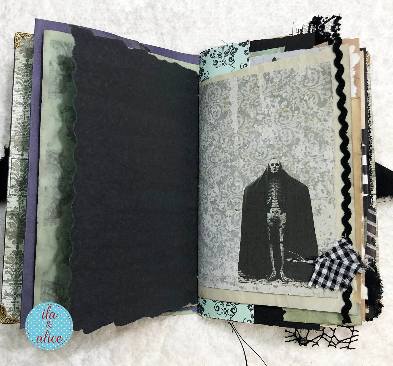 Handmade Eerie Halloween Gothic junk journal  with a skeleton illustration on a textured background