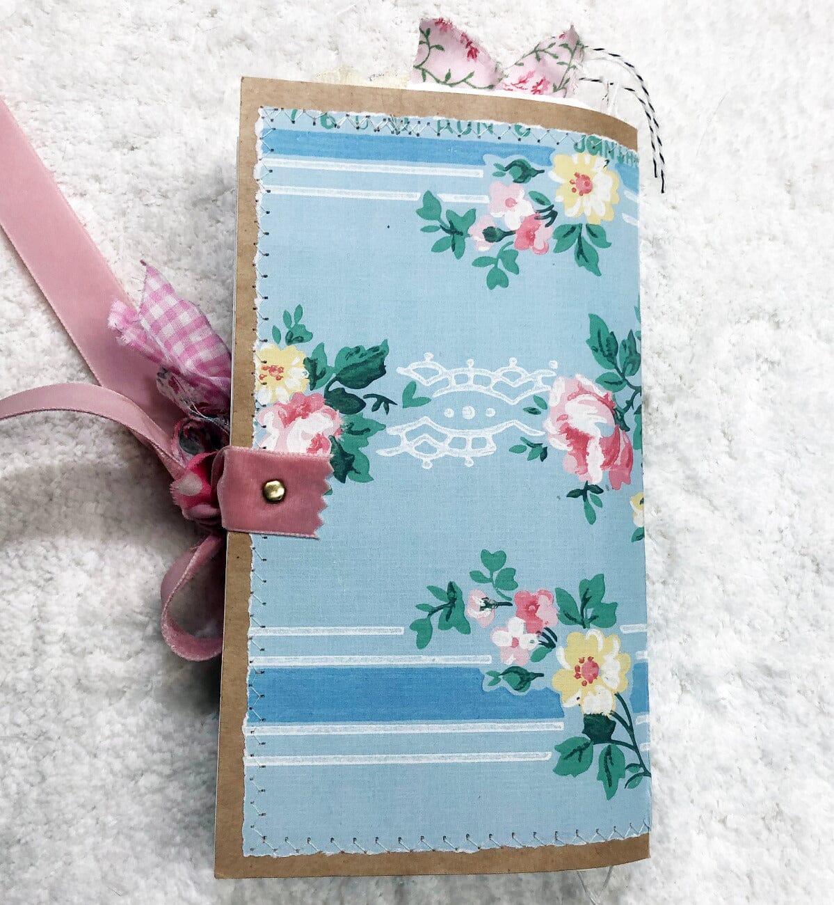Whimsical Shabby Junk Journal- Pink and Blue Floral with White Eyelet Lace & Pink Roses Journal ila & alice 