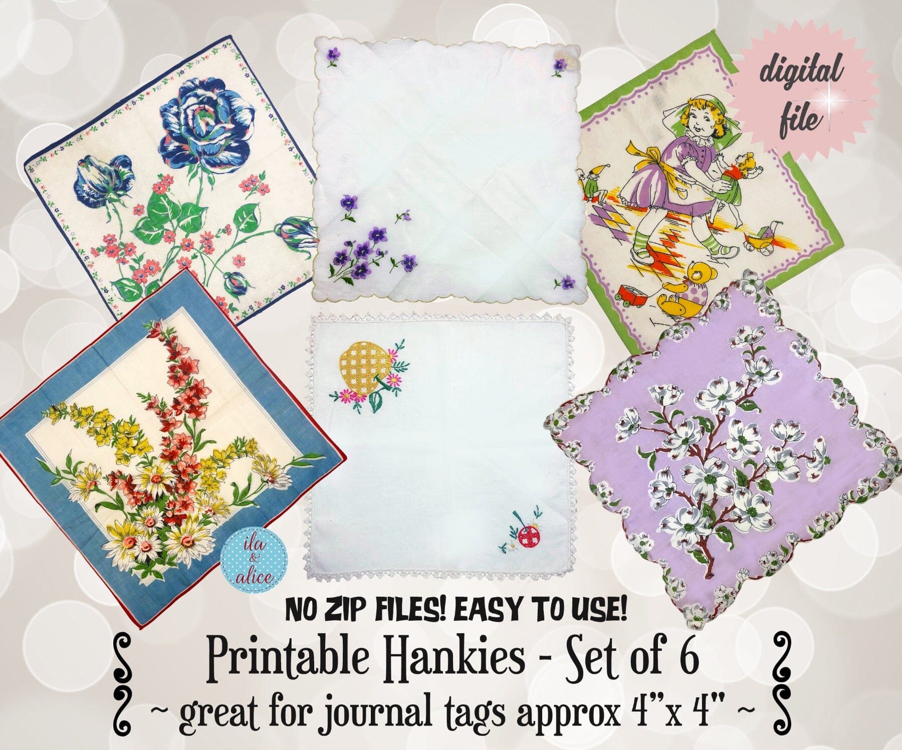 Pretty Digital Vintage Hankies-Set of 6 Cute Printable Hankies Journal ila & alice 