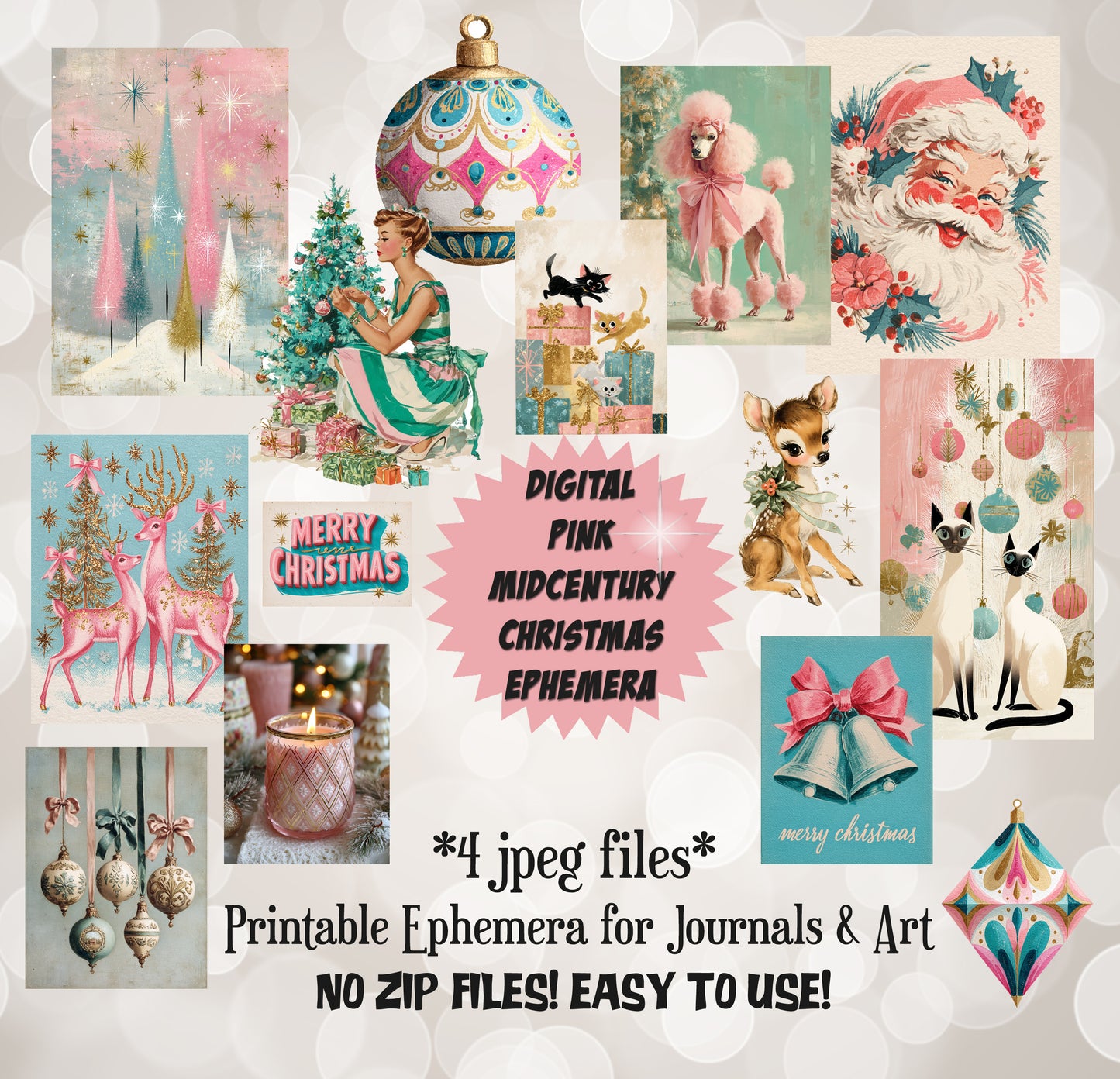 Printable Pink Mid-Century Christmas Ephemera Kit | Digital Holiday Journal Pages