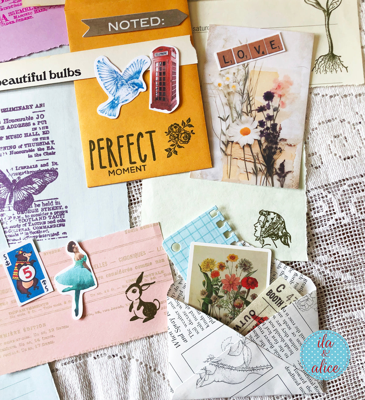 Curated 6x9 junk journal ephemera pack with layered papers, botanical elements, and tuck-able pieces. Vintage pieces of ephemera and vintage book pages included.