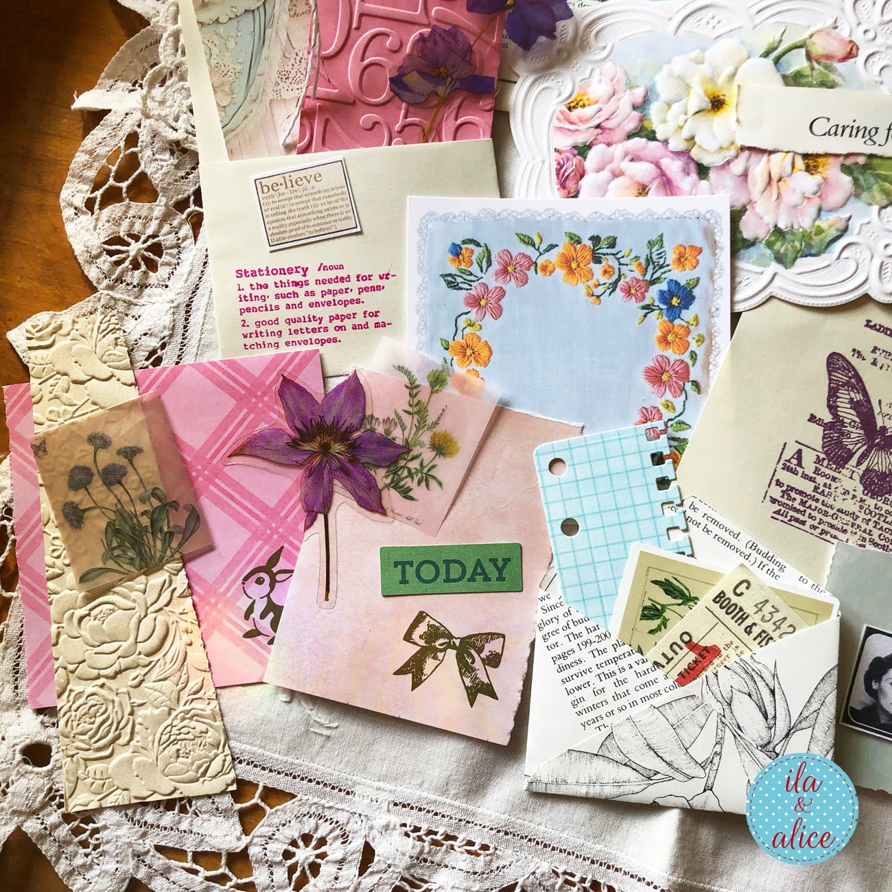 Curated 6x9 junk journal ephemera pack with layered papers, botanical elements, and tuck-able pieces. Vintage pieces of ephemera and vintage book pages included.
