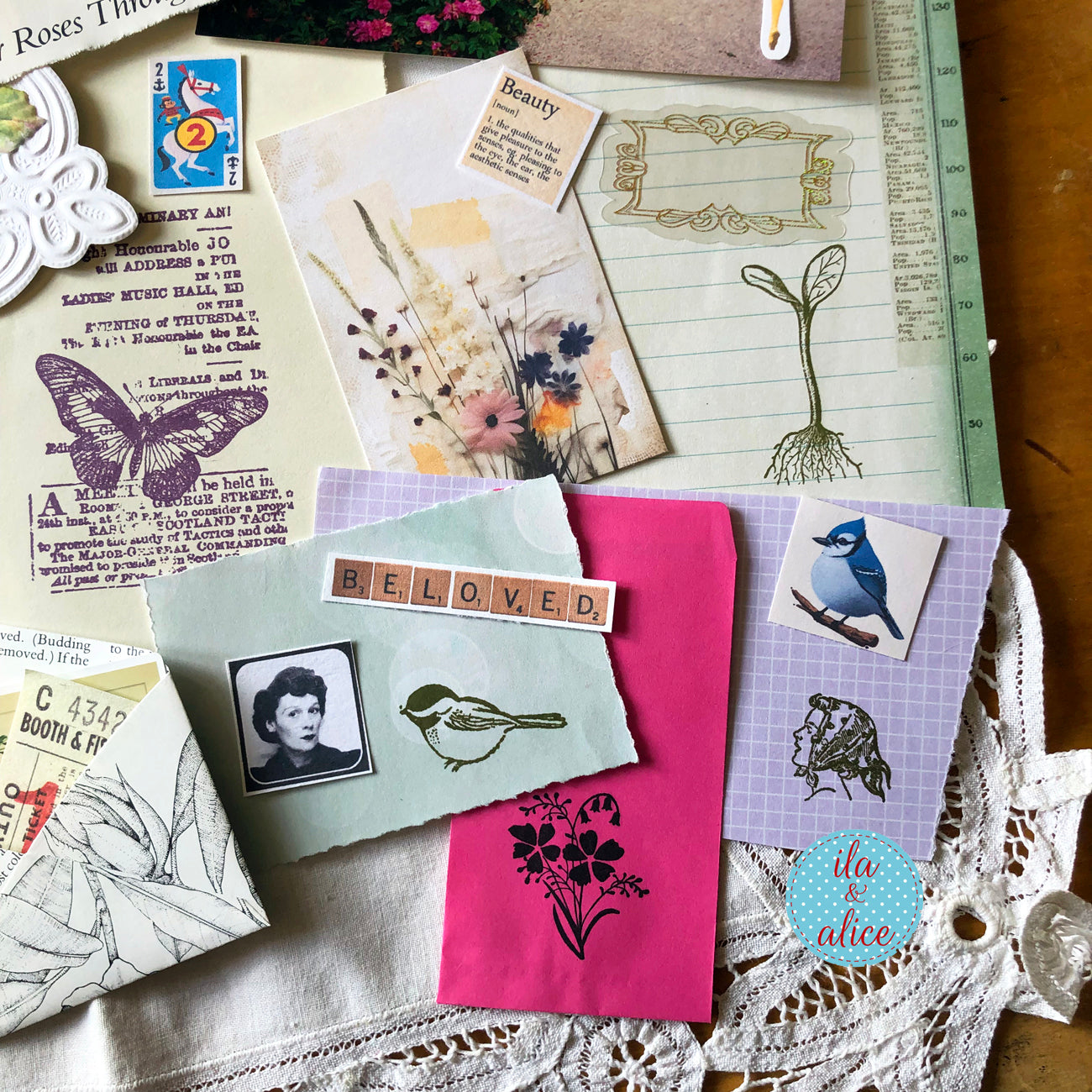 Curated 6x9 junk journal ephemera pack with layered papers, botanical elements, and tuck-able pieces. Vintage pieces of ephemera and vintage book pages included.
