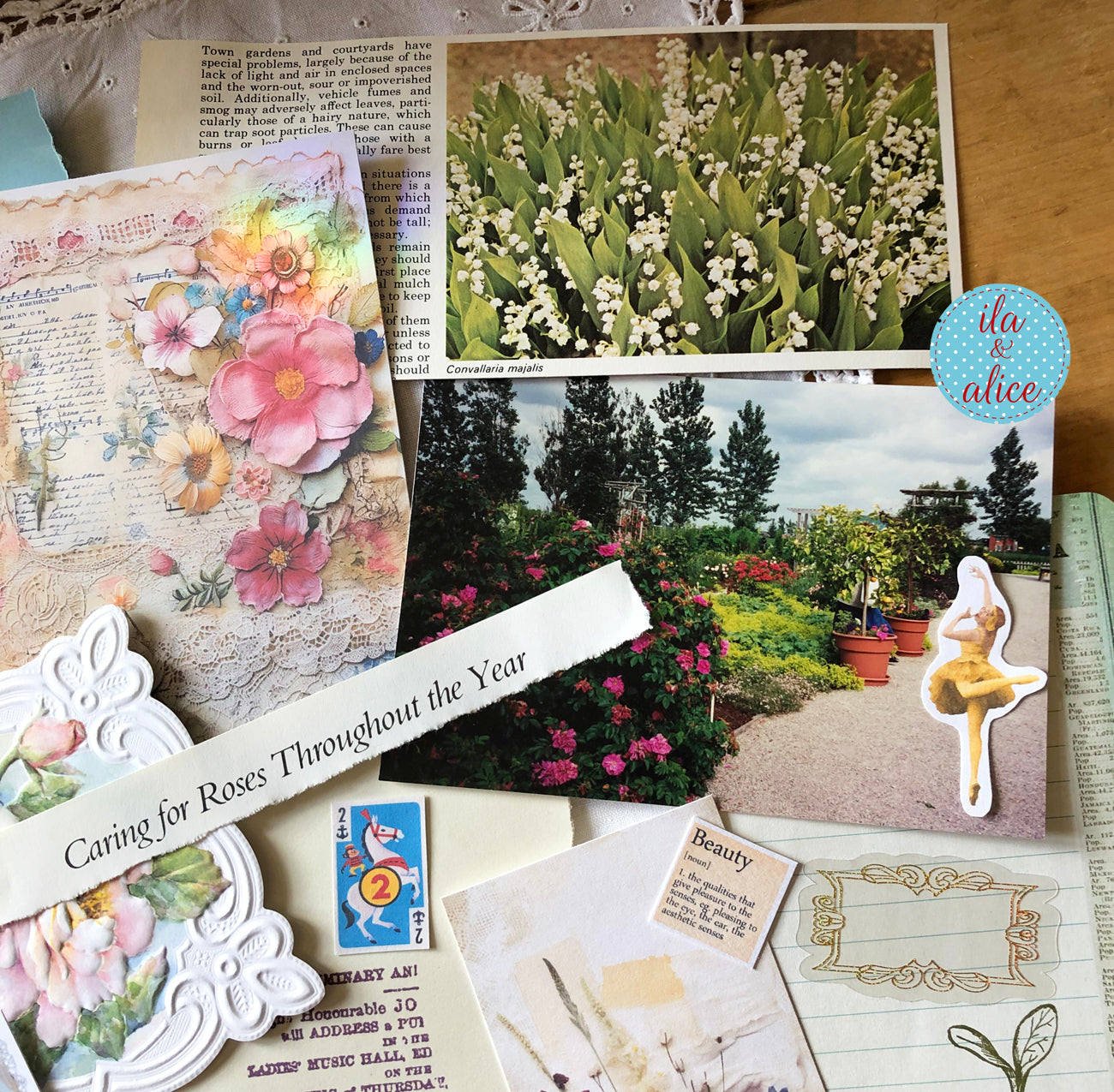 Curated 6x9 junk journal ephemera pack with layered papers, botanical elements, and tuck-able pieces. Vintage pieces of ephemera and vintage book pages included.
