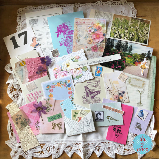 Curated 6x9 junk journal ephemera pack with layered papers, botanical elements, and tuck-able pieces. Vintage pieces of ephemera and vintage book pages included.
