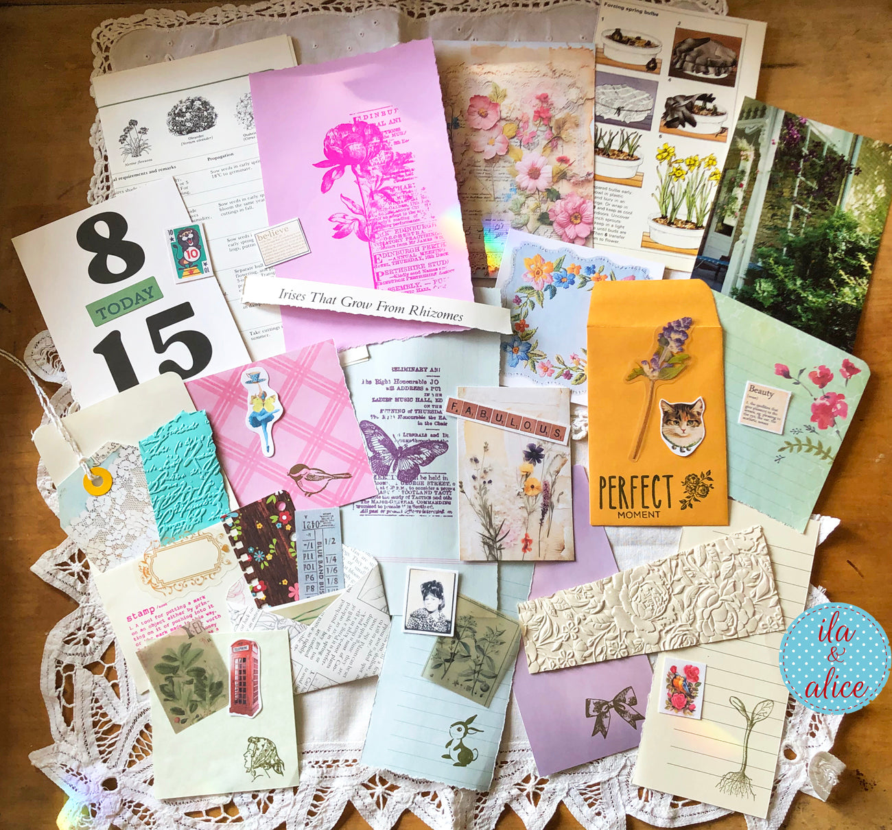 Curated junk journal ephemera pack with layered papers, botanical elements, and tuck-able pieces. Vintage pieces of ephemera and vintage book pages included.