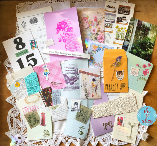 Curated junk journal ephemera pack with layered papers, botanical elements, and tuck-able pieces. Vintage pieces of ephemera and vintage book pages included.
