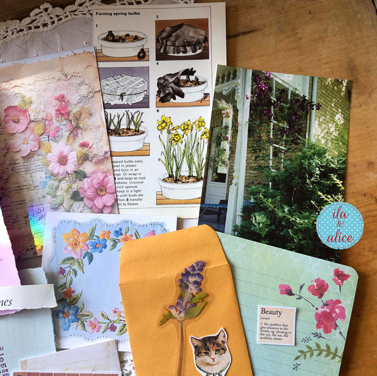 Curated junk journal ephemera pack with layered papers, botanical elements, and tuck-able pieces. Vintage pieces of ephemera and vintage book pages included.