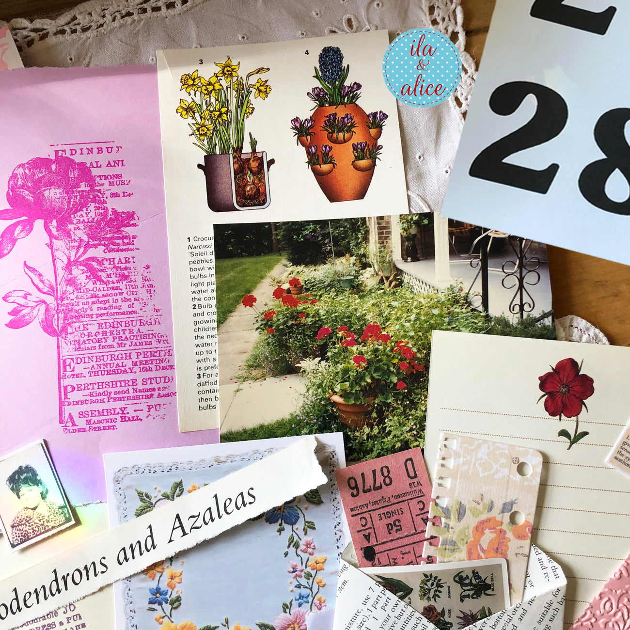 Curated 6x9 junk journal ephemera pack with layered papers, botanical elements, and tuck-able pieces. Vintage pieces of ephemera and vintage book pages included.