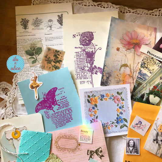 Curated 6x9 junk journal ephemera pack with layered papers, botanical elements, and tuck-able pieces. Vintage pieces of ephemera and vintage book pages included.