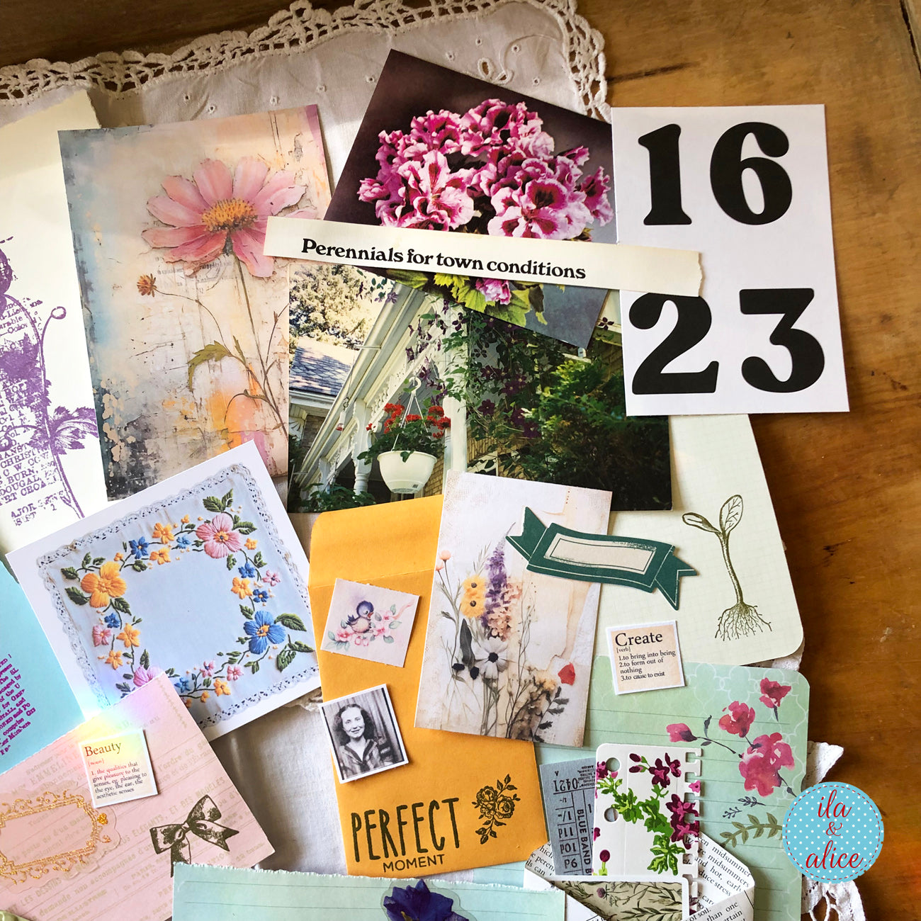 Curated 6x9 junk journal ephemera pack with layered papers, botanical elements, and tuck-able pieces. Vintage pieces of ephemera and vintage book pages included.