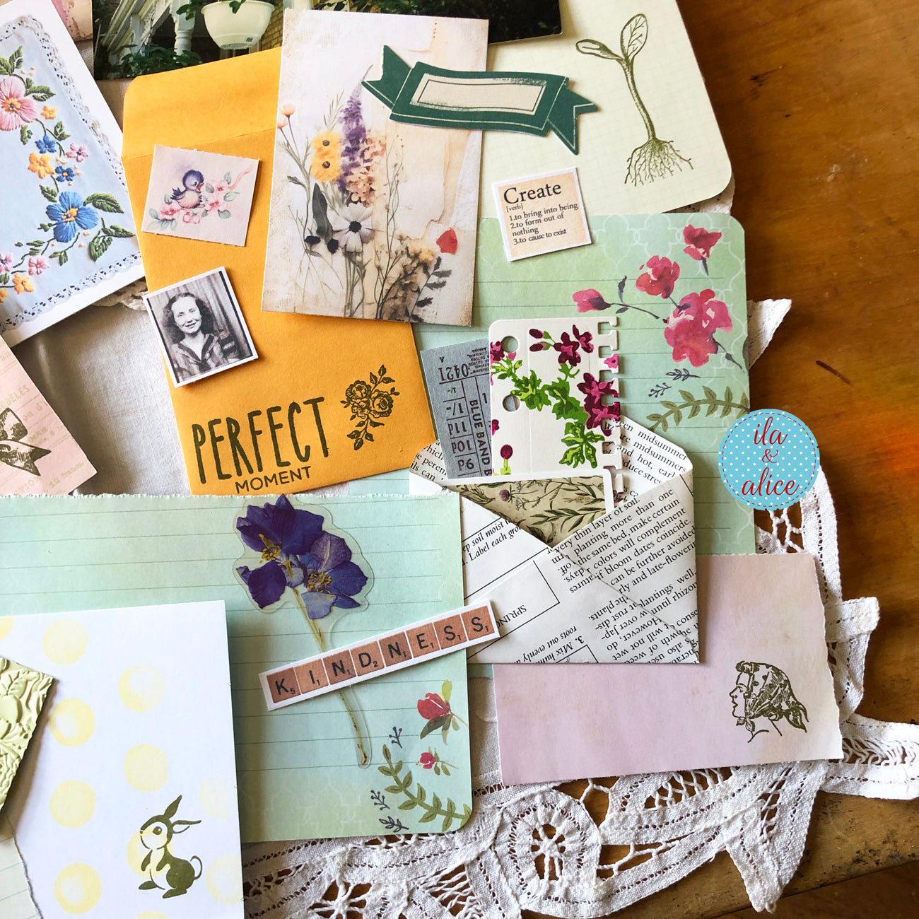 Curated 6x9 junk journal ephemera pack with layered papers, botanical elements, and tuck-able pieces. Vintage pieces of ephemera and vintage book pages included.