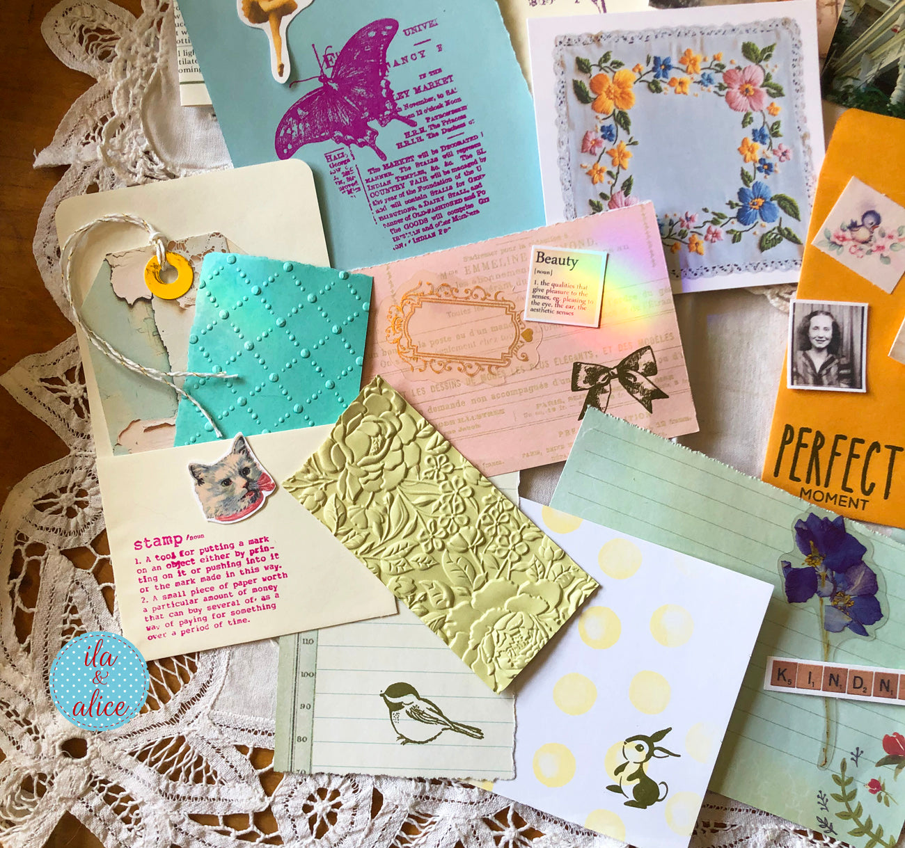 Curated 6x9 junk journal ephemera pack with layered papers, botanical elements, and tuck-able pieces. Vintage pieces of ephemera and vintage book pages included.