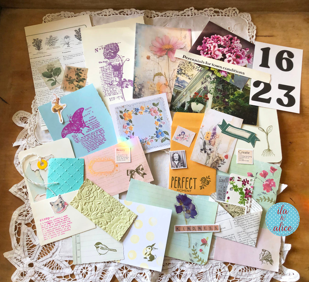 Curated 6x9 junk journal ephemera pack with layered papers, botanical elements, and tuck-able pieces. Vintage pieces of ephemera and vintage book pages included.