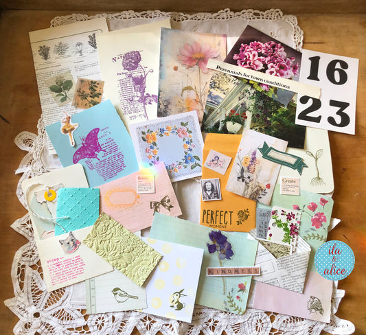 Curated 6x9 junk journal ephemera pack with layered papers, botanical elements, and tuck-able pieces. Vintage pieces of ephemera and vintage book pages included.
