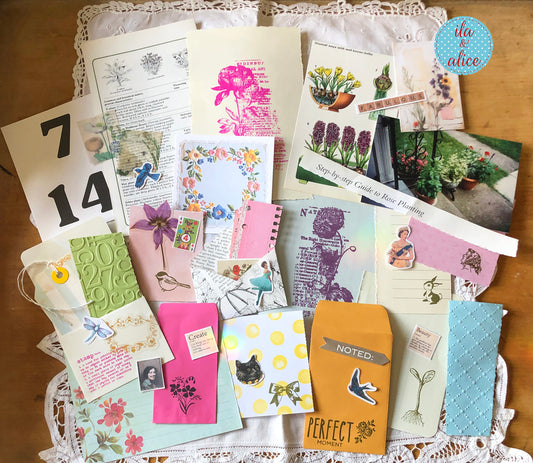 Curated 6x9 junk journal ephemera pack with layered papers, botanical elements, and tuck-able pieces. Vintage pieces of ephemera and vintage book pages included.