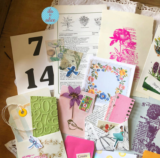 Curated 6x9 junk journal ephemera pack with layered papers, botanical elements, and tuck-able pieces. Vintage pieces of ephemera and vintage book pages included.