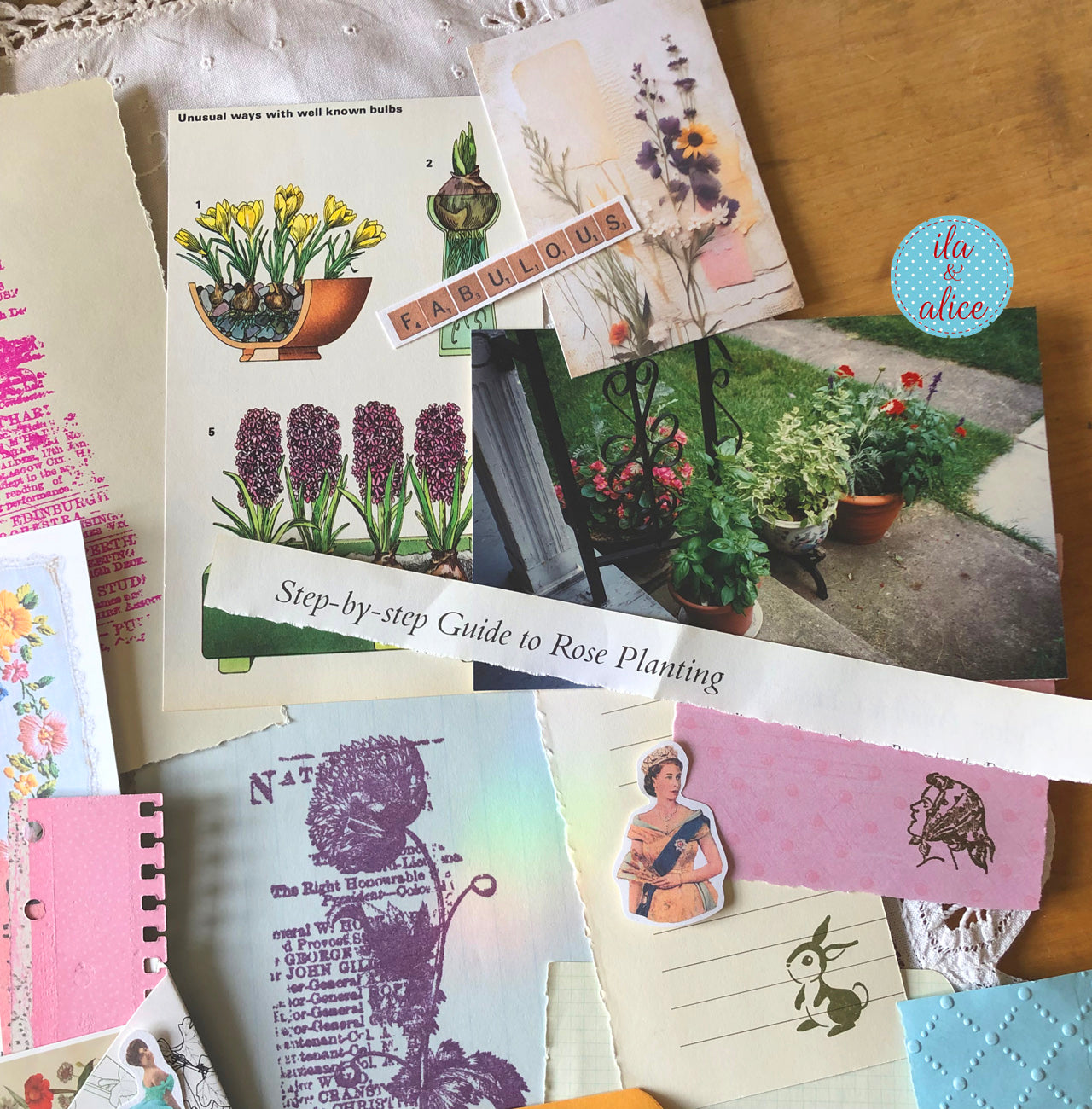 Curated 6x9 junk journal ephemera pack with layered papers, botanical elements, and tuck-able pieces. Vintage pieces of ephemera and vintage book pages included.