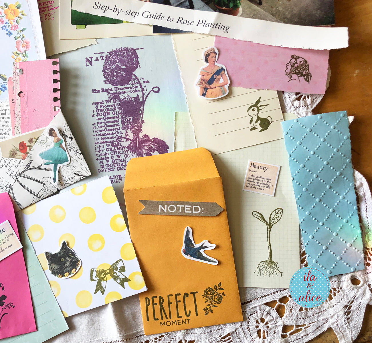 Curated 6x9 junk journal ephemera pack with layered papers, botanical elements, and tuck-able pieces. Vintage pieces of ephemera and vintage book pages included.