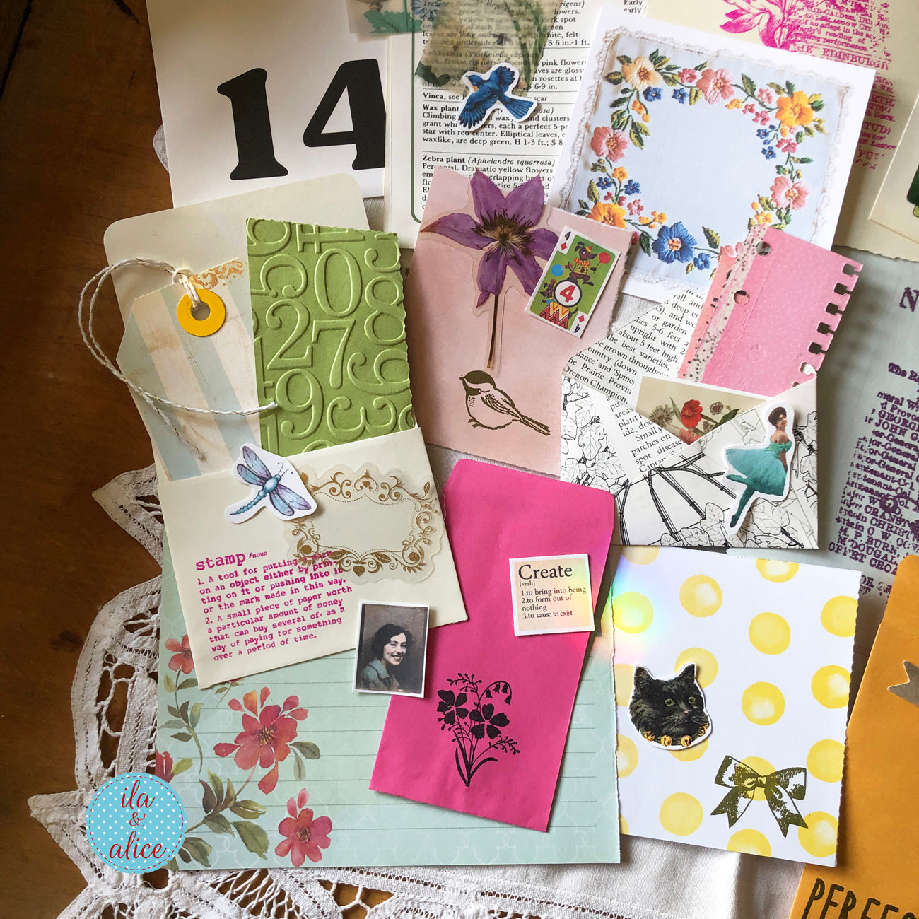 Curated 6x9 junk journal ephemera pack with layered papers, botanical elements, and tuck-able pieces. Vintage pieces of ephemera and vintage book pages included.