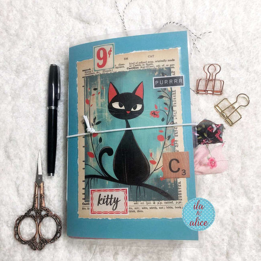 Cute Cat Junk Journal- Sweet Black Cat w Big Whiskers Journal ila & alice 