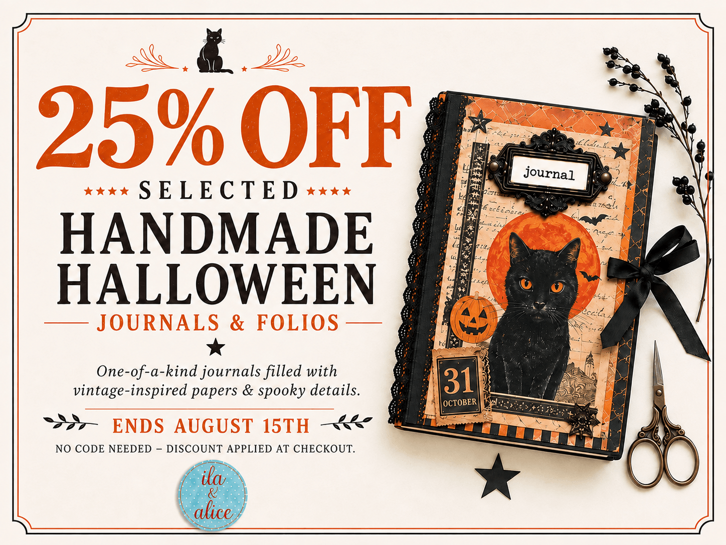 25% off all handmade journals and folios at ila and alice