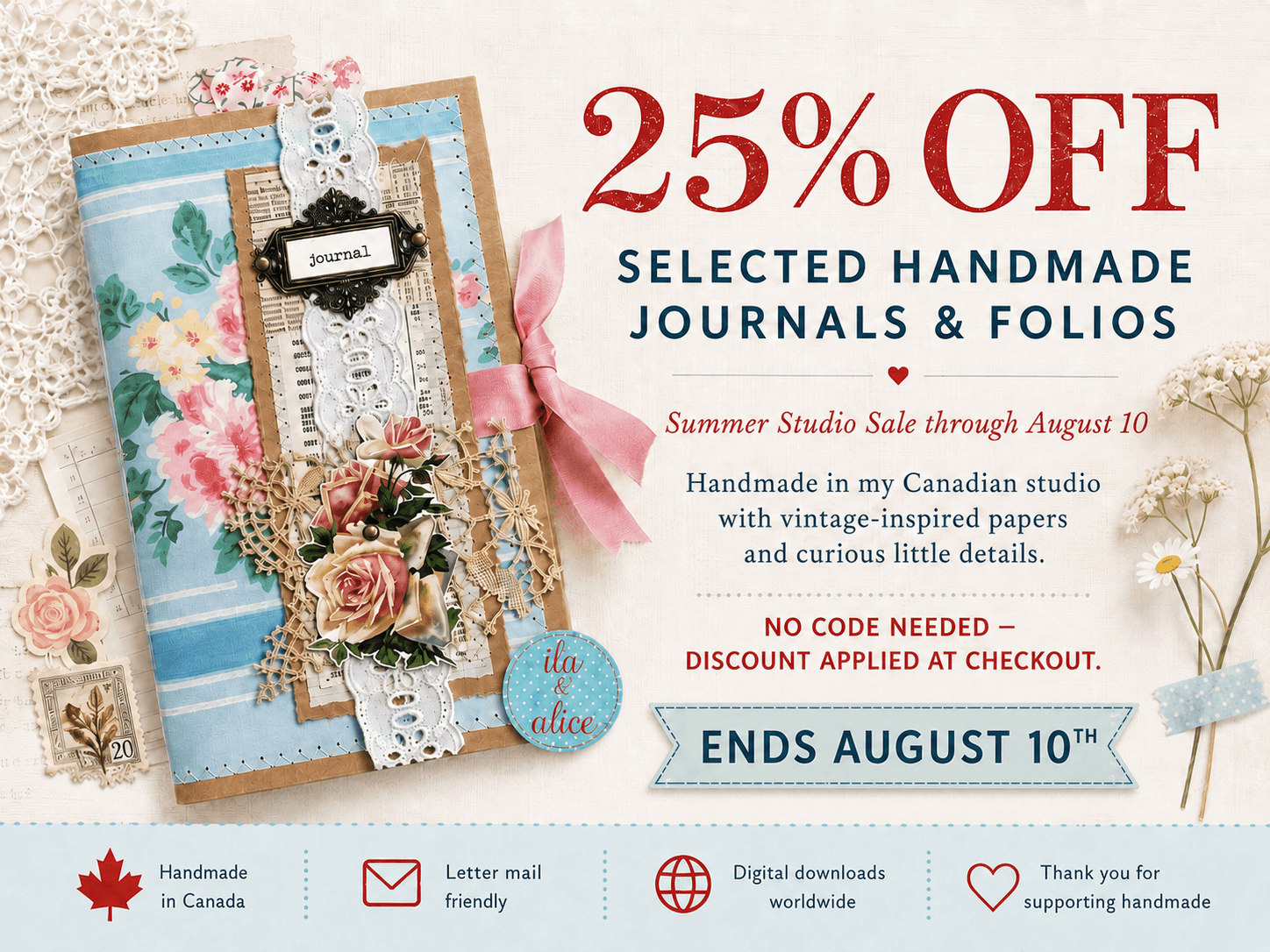 25% off all handmade journals and folios at ila and alice