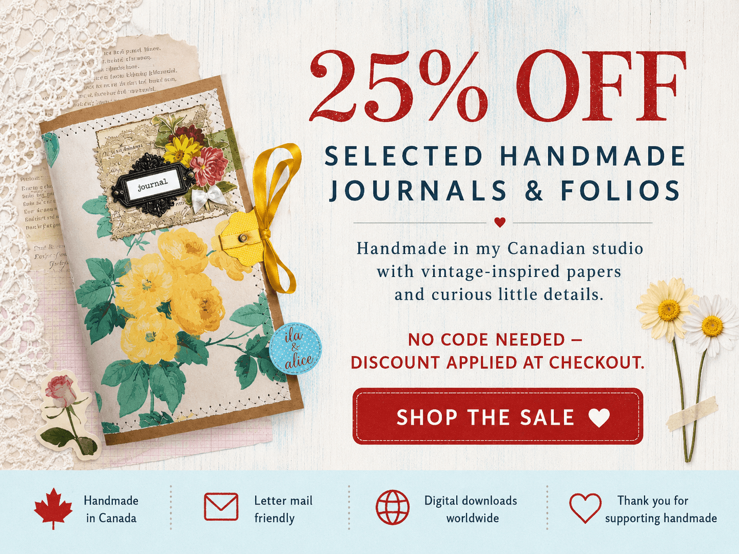 25% off all handmade journals and folios at ila and alice