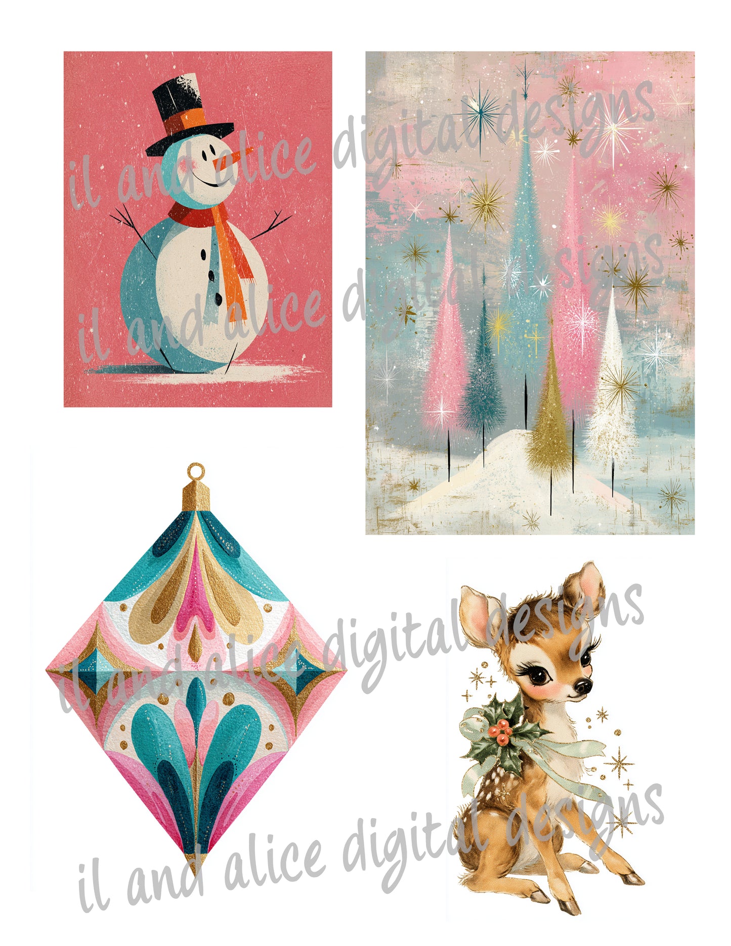 Printable Pink Mid-Century Christmas Ephemera Kit | Digital Holiday Journal Pages