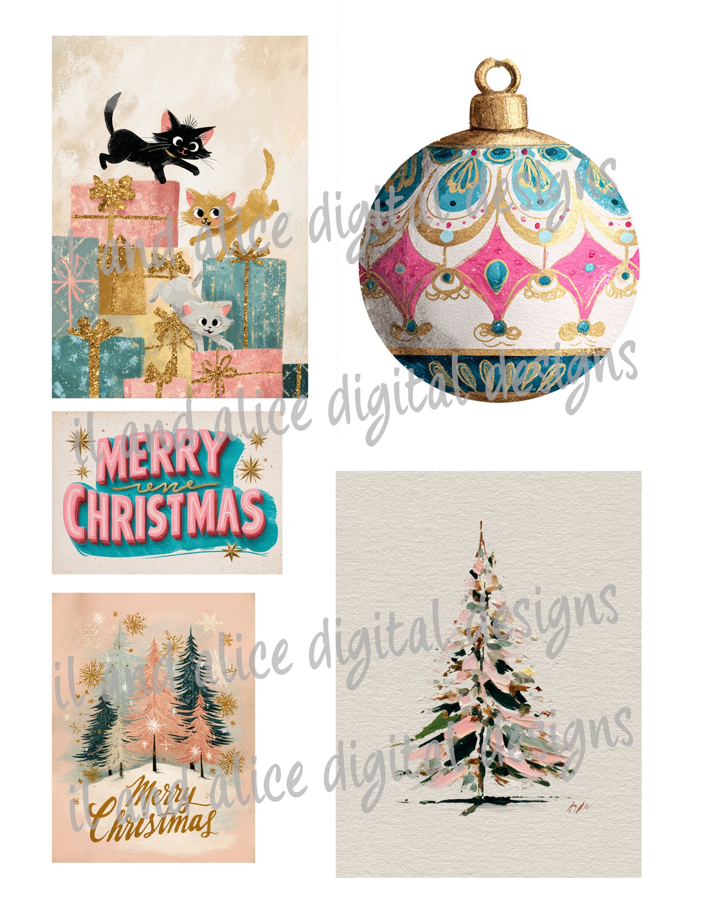 Printable Pink Mid-Century Christmas Ephemera Kit | Digital Holiday Journal Pages