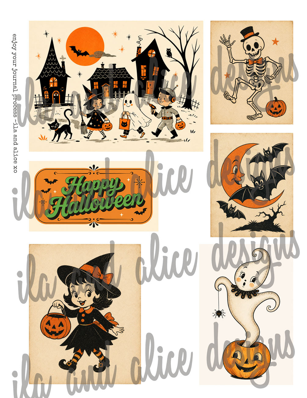 A collage of six Halloween-themed graphic designs on a white background, including a haunted house scene with children, a dancing skeleton, a 'Happy Halloween' banner, a moon and bats motif, a witch child with a pumpkin, and a ghost on a pumpkin. A large translucent watermark reading 'lisa and alice designs' overlays the artwork.