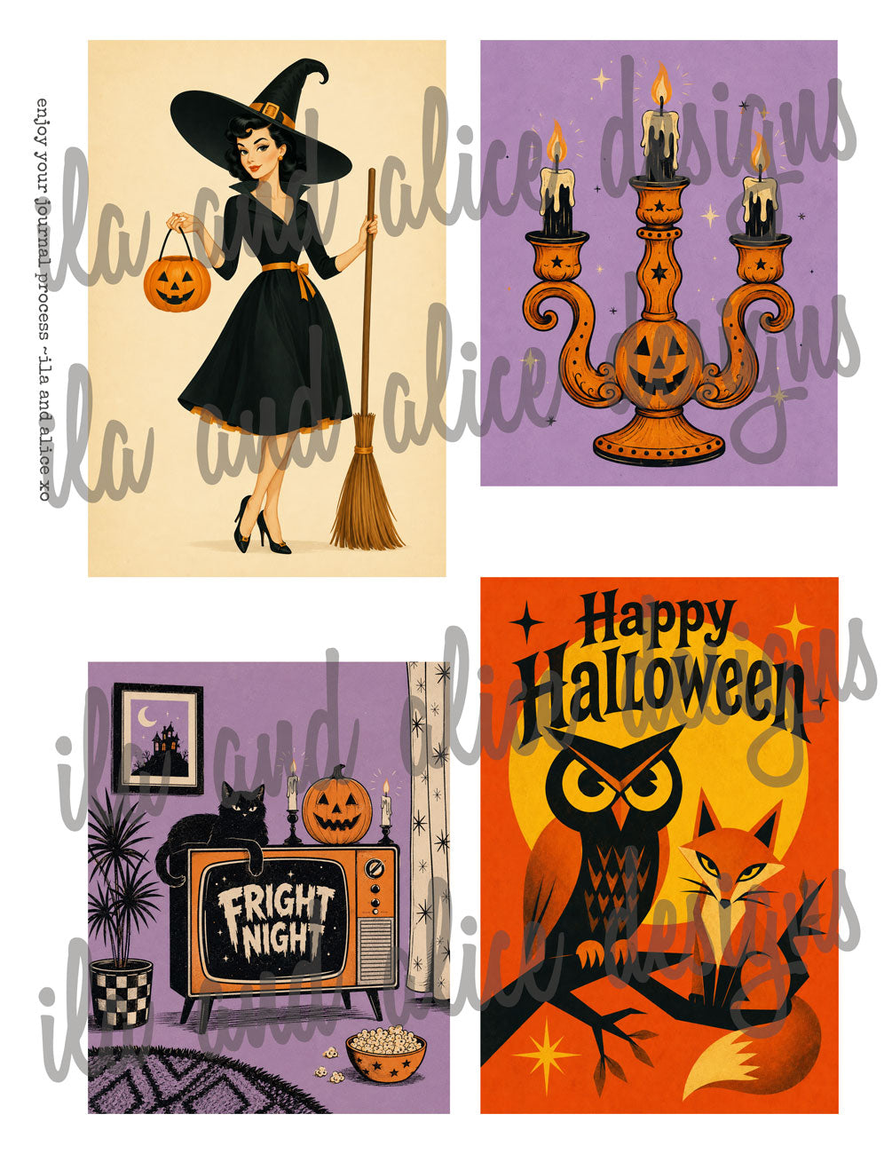 A 2x2 collage of Halloween-themed illustrations: a witch in a black dress holding a broom and pumpkin bucket on a beige background; an orange candelabra with candles on a lavender background; a cozy purple room with a TV reading 'Fright Night,' a pumpkin, and a black cat; and a bright orange 'Happy Halloween' design with an owl and fox in front of a moon.