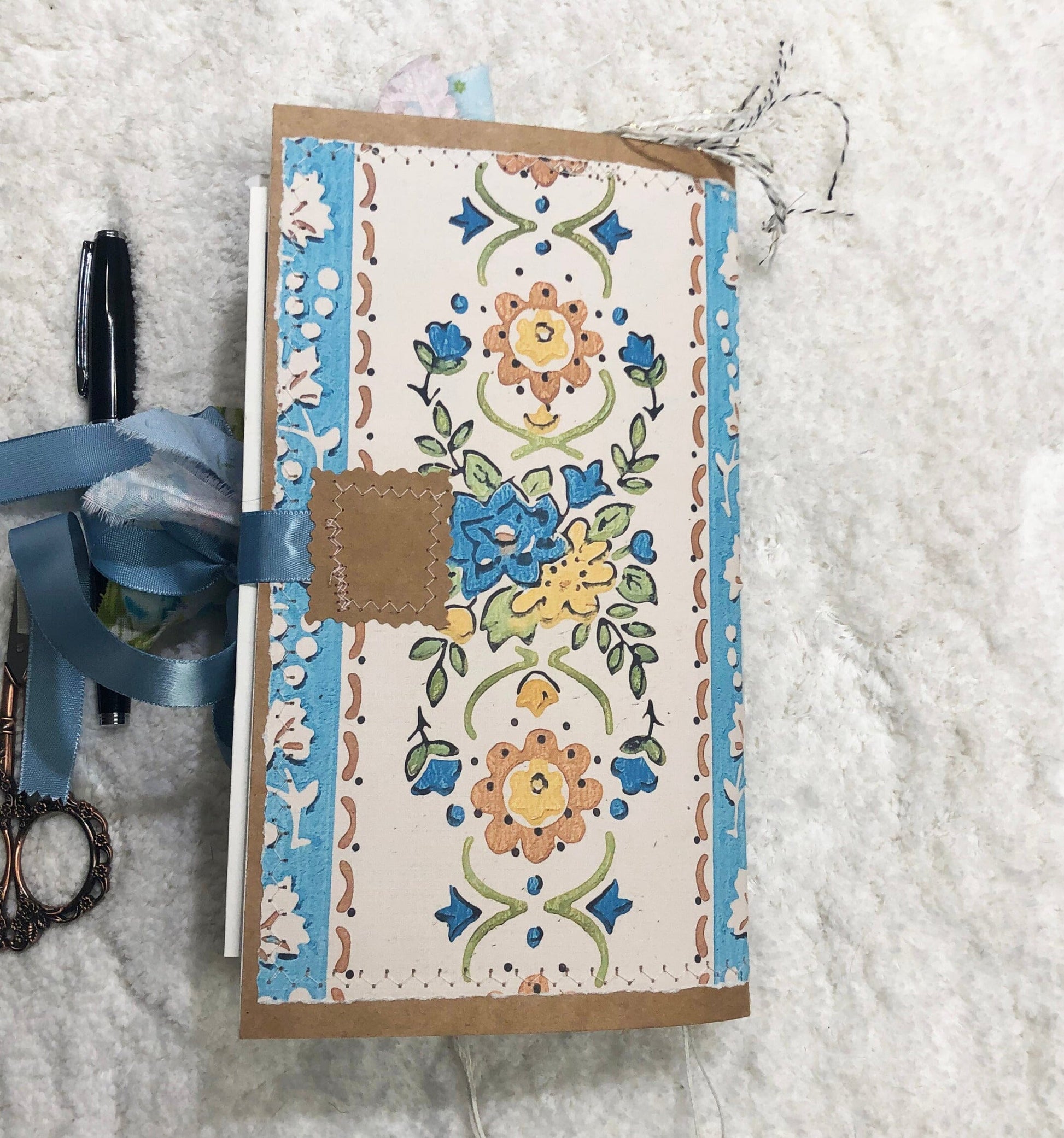 Whimsical Shabby Junk Journal- Blue Vintage Wallpaper with Blue Flowers and Lace Journal ila & alice 