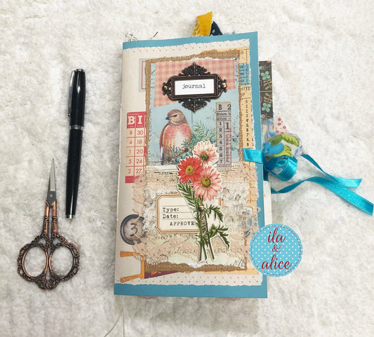 Whimsical Shabby Junk Journal- Blue w Birds Flowers and Lace Collage Journal ila & alice 